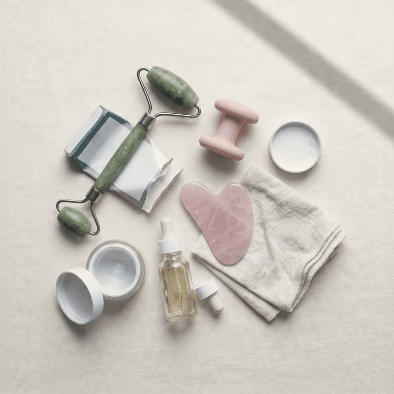 Countertop with jade rollers, face massagers and tools that didn't work