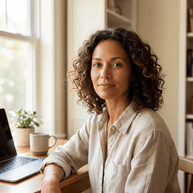Confident woman with defined jawline and relaxed expression, natural lighting