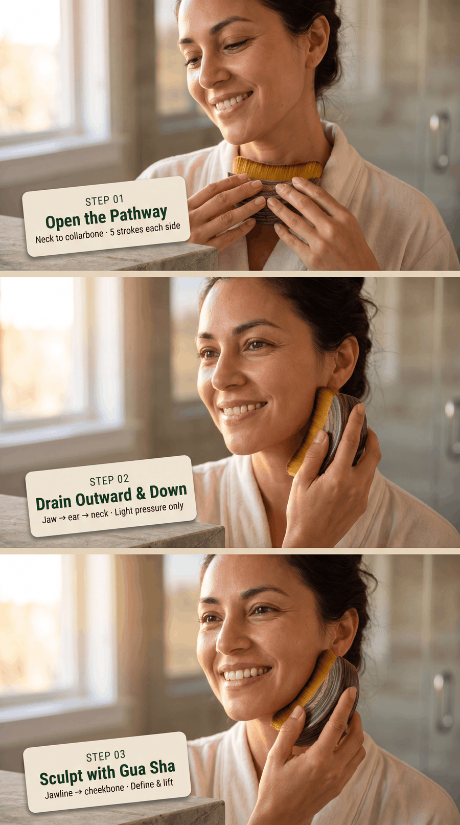 Woman using Visage Flow half-moon brush along jawline and neck in soft morning light