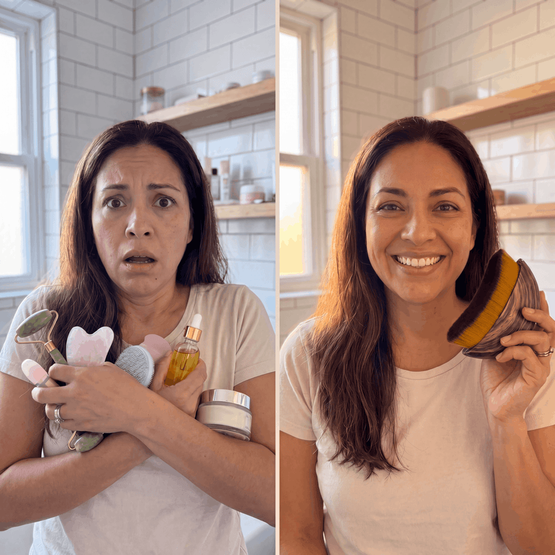 Visage Flow dual-action brush and gua sha beside a standard jade roller and gua sha stone