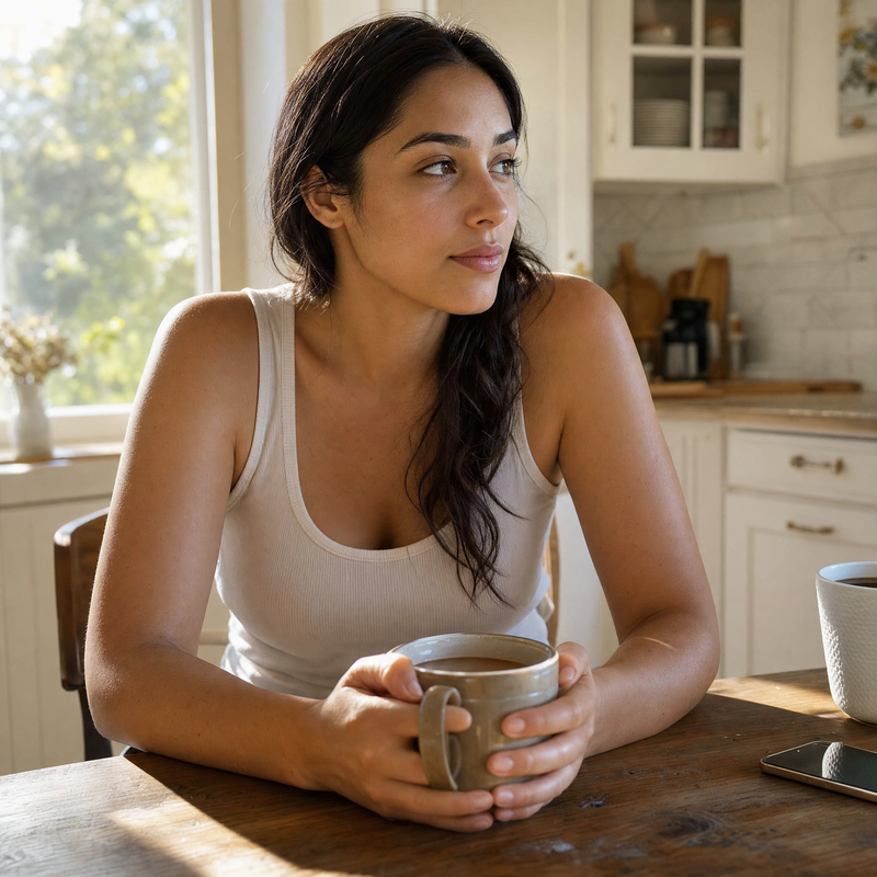 Woman in short sleeves with calm, clear skin — relaxed and free