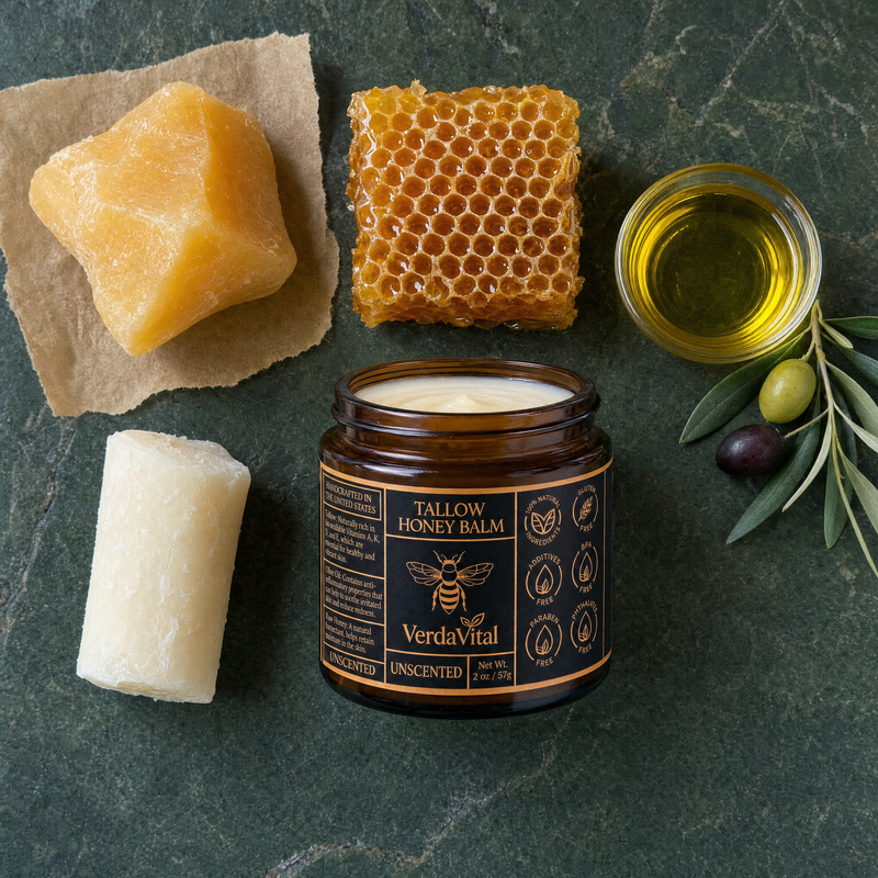Grass-fed tallow, raw honey, olive oil, and beeswax