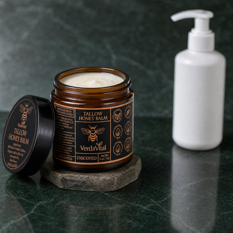 VerdaVital Honey Tallow Balm next to standard skincare products