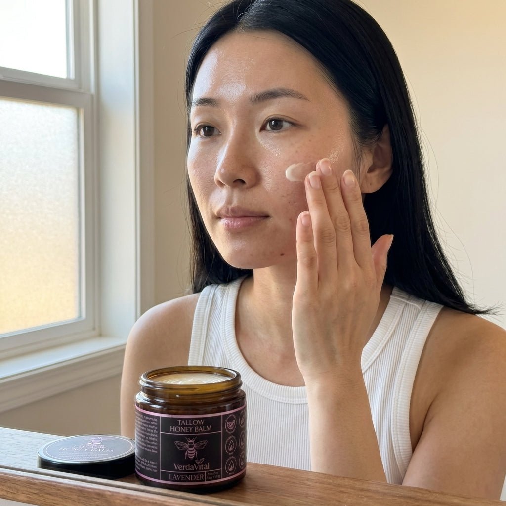 Honey Tallow Balm ingredient close-up — raw honey and grass-fed tallow