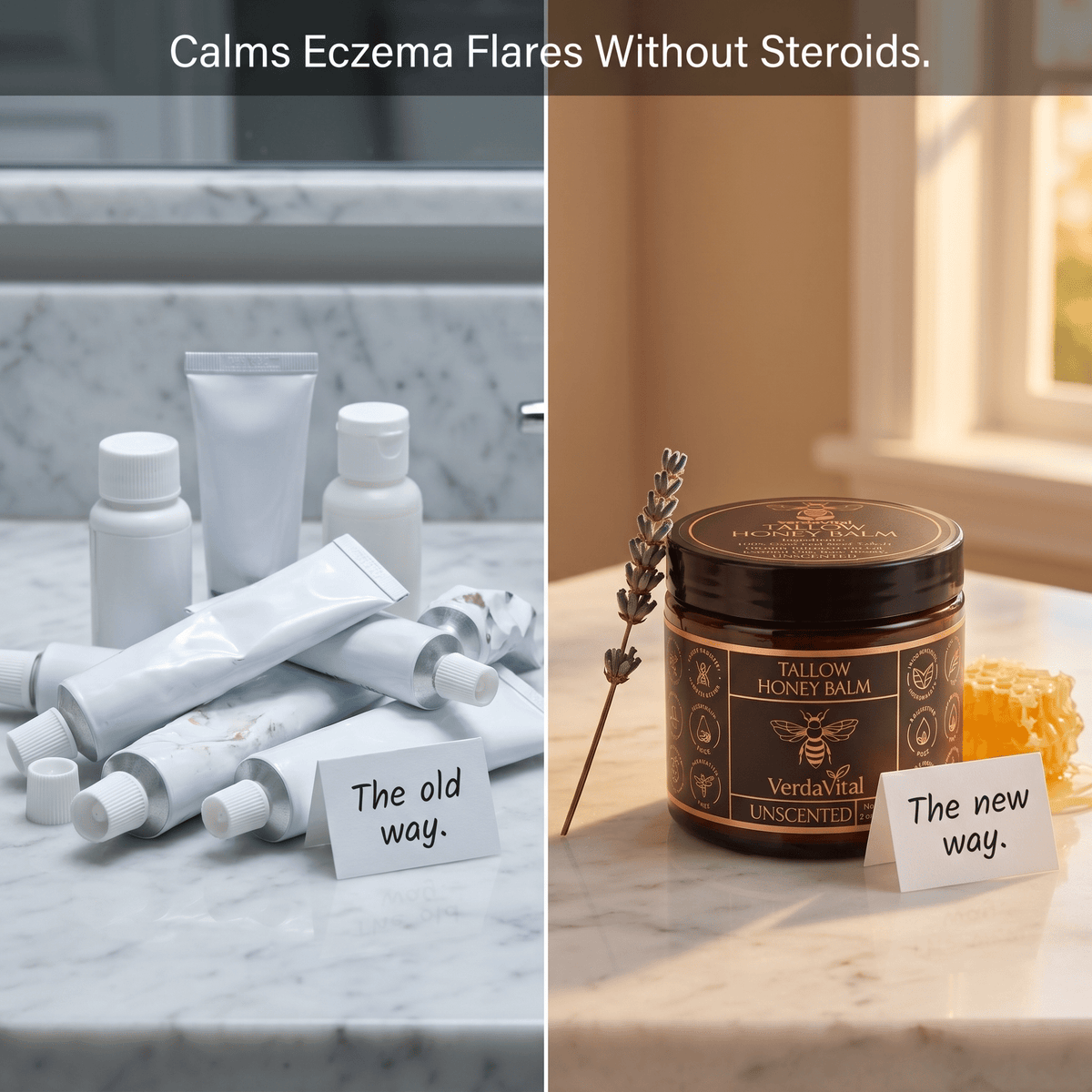 Grass-fed tallow, raw honey, olive oil, beeswax — four food-grade ingredients