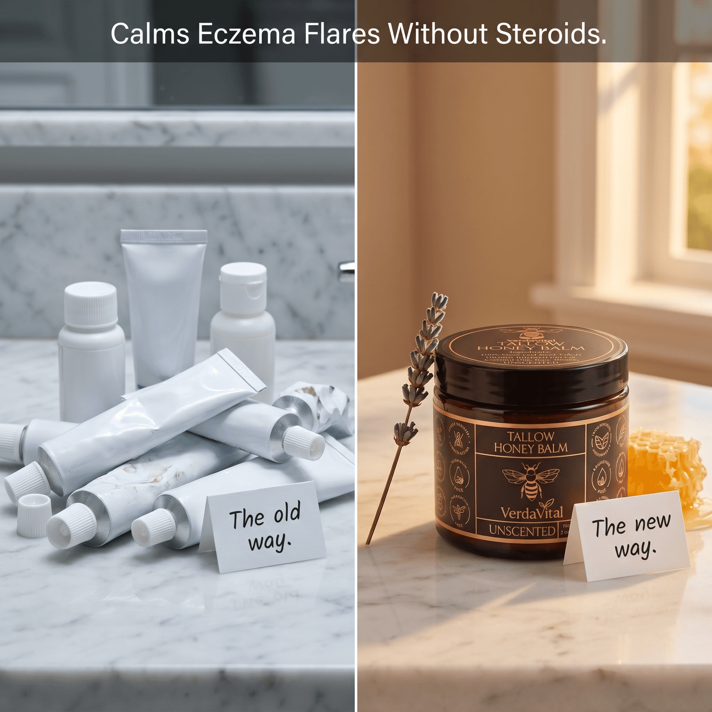 Grass-fed tallow, raw honey, olive oil, beeswax — four food-grade ingredients