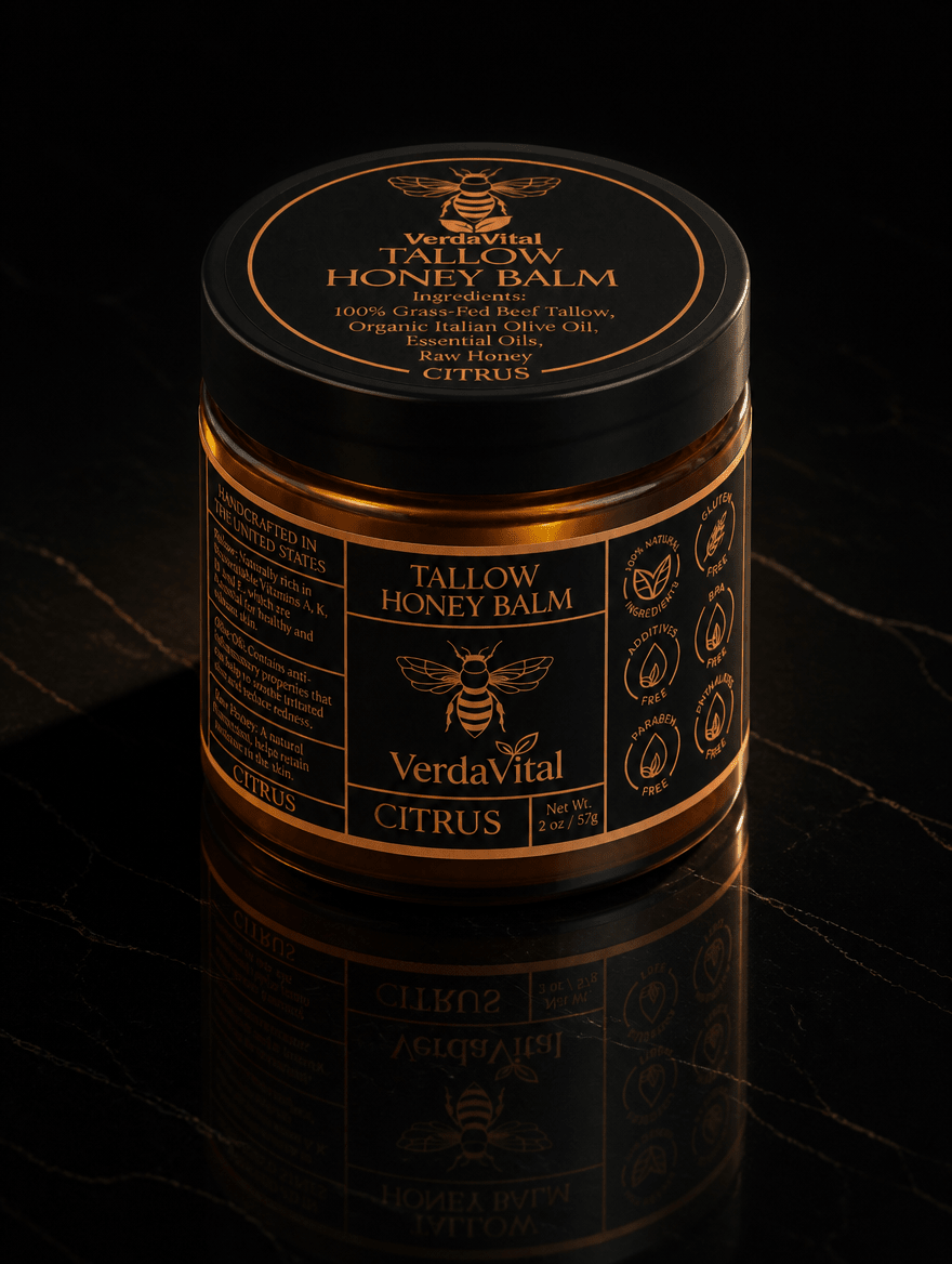Honey Tallow Balm unscented variant with lid off showing texture