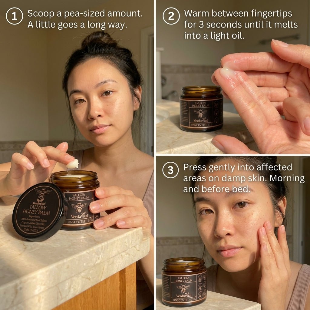 Woman holding VerdaVital Honey Tallow Balm amber jar — natural balm for sensitive skin