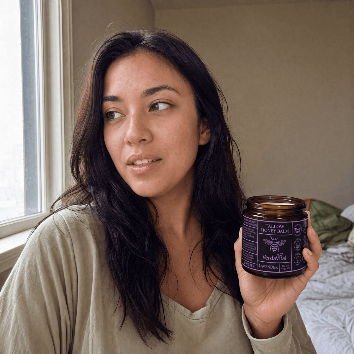 Honey Tallow Balm jar with raw honey and beeswax ingredients