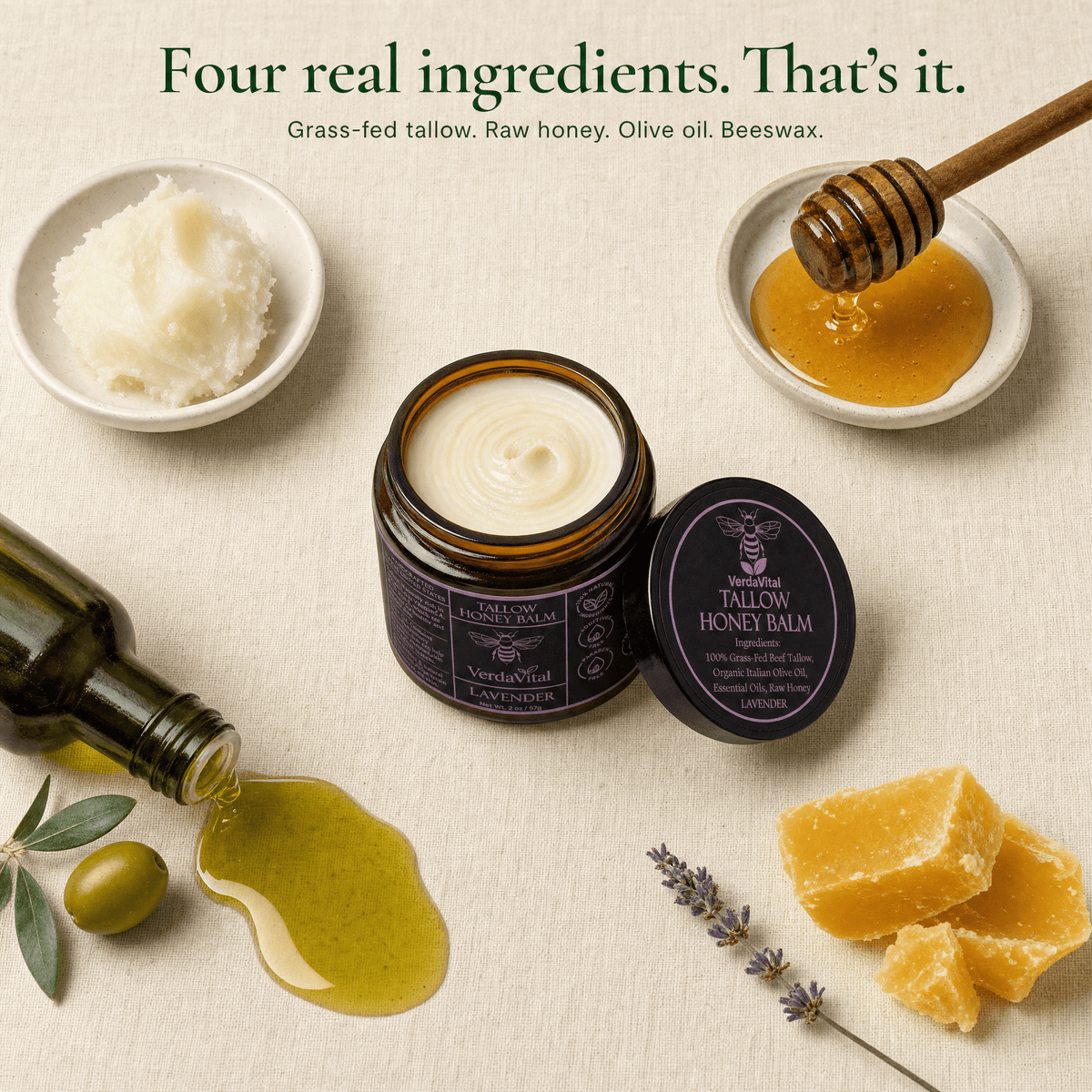 VerdaVital Honey Tallow Balm three scent variants — Lavender, Citrus, Unscented